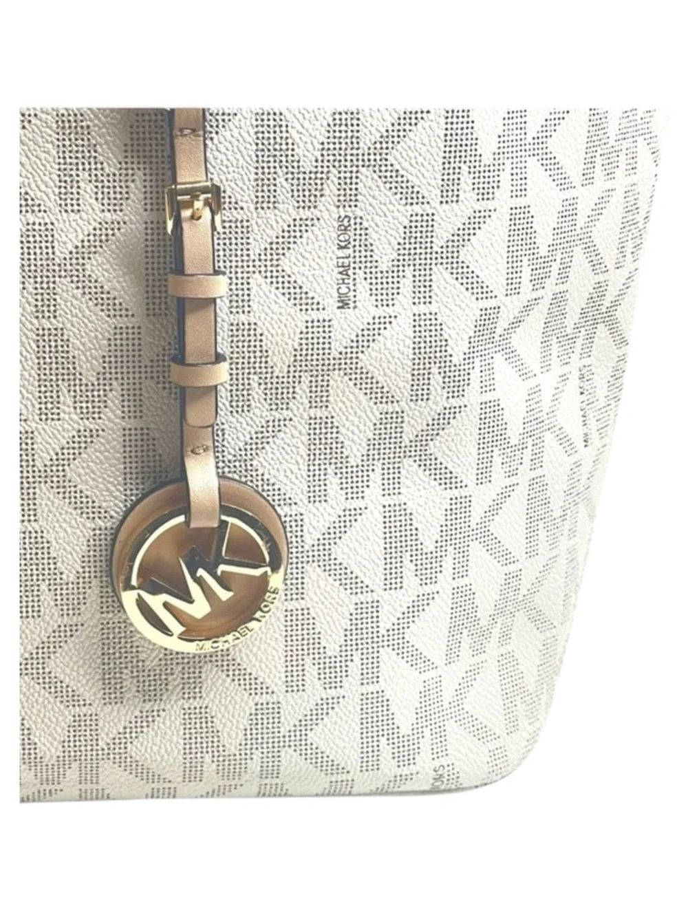 Michael Kors  Jet Set Med Logo Top Zip Tote Handbag  Vanilla Natural Leather 